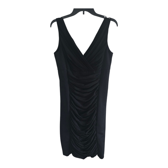 WHBM Dress Women Sz 10 Black Sleeveless V-Neck Midi Ruched Cocktail - Picture 1 of 11